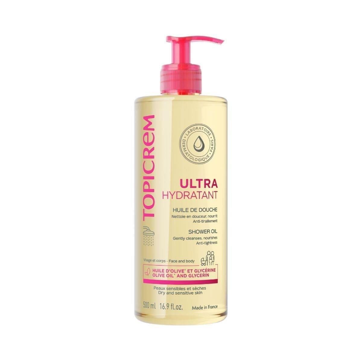 Topicrem Ultra Hydratant Shower Oil 500ml - Gentle Moisturizing Shower Oil for Sensitive Skin, Dermatologically Tested Topicrem Ultra Hydratant Shower Oil - Gentle & Moisturizing Topicrem Ultra Hydratant Shower Oil, moisturizing shower oil, sensitive skin care, dermatologically tested shower products, gentle cleansing for all ages, olive oil shower oil, glycerin shower oil, family skincare, pediatrician tested, ophthalmologically tested, gentle cleansing oil