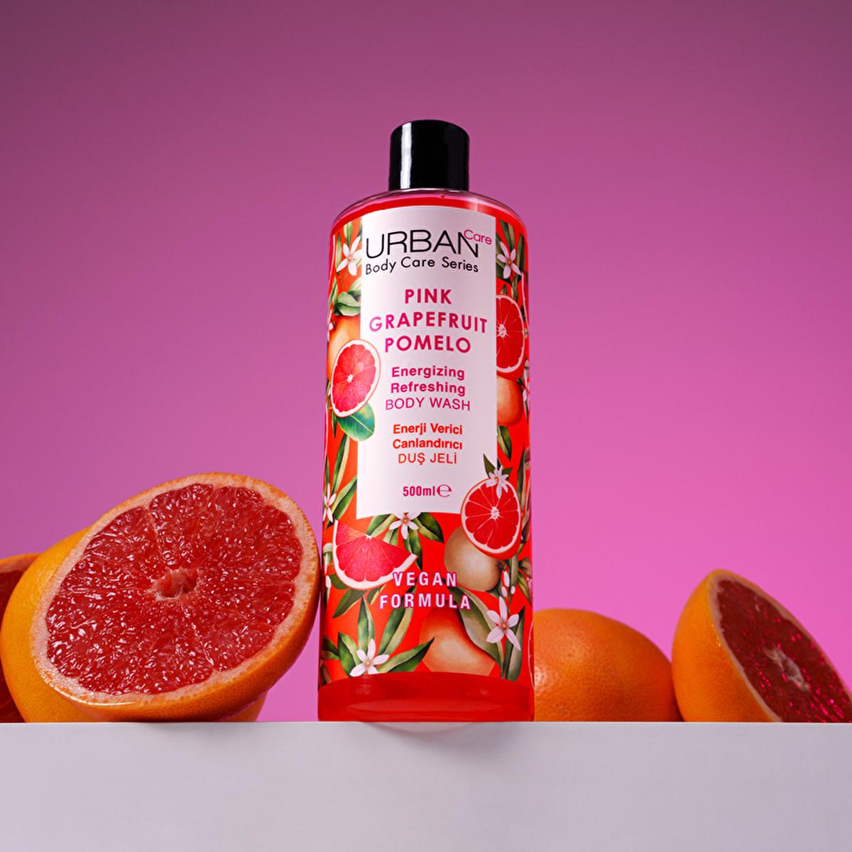 urban care pink grapefruit pomelo shower gel bottle, close-up of urban care shower gel texture, application of pink grapefruit pomelo shower gel on sponge Urban Care Pink Grapefruit & Pomelo Shower Gel - Revitalizing & Moisturizing for Vegans | 750 ml Urban Care Pink Grapefruit & Pomelo Shower Gel 750 ml urban-care, shower-gel, moisturizing, vegan, pink-grapefruit, pomelo, skin-care, body-wash, natural-ingredients, ai-generated