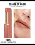 Loreal Paris Color Riche Intense Volume Matte Lipstick - 500 Beige Freedom - Long Lasting, Hyaluronic Acid for Fuller Lips Loreal Paris Matte Lipstick - Volumizing, Long Lasting Color Loreal lipstick, matte lipstick, hyaluronic acid lipstick, long lasting lipstick, volumizing lipstick, beige lipstick, Color Riche lipstick, matte lip color, fuller lips lipstick, 500 Beige Freedom, lipstick, lip color, makeup, cosmetics, long-wearing, volumizing, hydrating, plumping, beige, nude lipstick, everyday lipstick, s