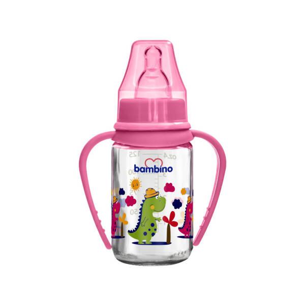 Bambino 125ml Glass Baby Bottle - Pink Dinozor Design, Non-Toxic Feeding Solution for Infants - Baby Care