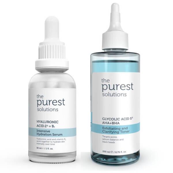The Purest Solutions Skincare Set - Hydrating Serum & Exfoliating Toner for Dry, Irregular Skin - Hyaluronic - Face Serum