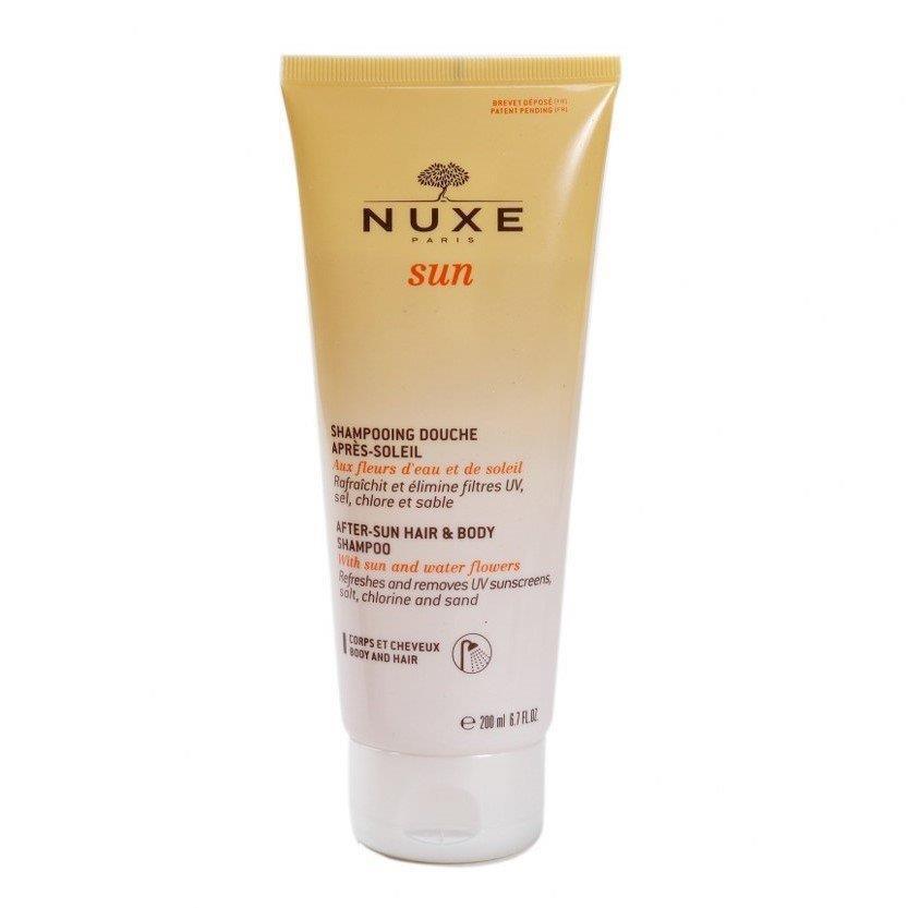 nuxe sun after sun hair and body shampoo 200ml, nuxe after sun shampoo bottle Nuxe Sun After Sun Hair and Body Shampoo - Gentle Cleanser | 200ml Nuxe Sun After Sun Shampoo - Hair & Body Cleanser nuxe, shampoo, after-sun, body-care, hair-care, gentle-cleanser, biodegradable, paraben-free, sulfate-free, ai-generated