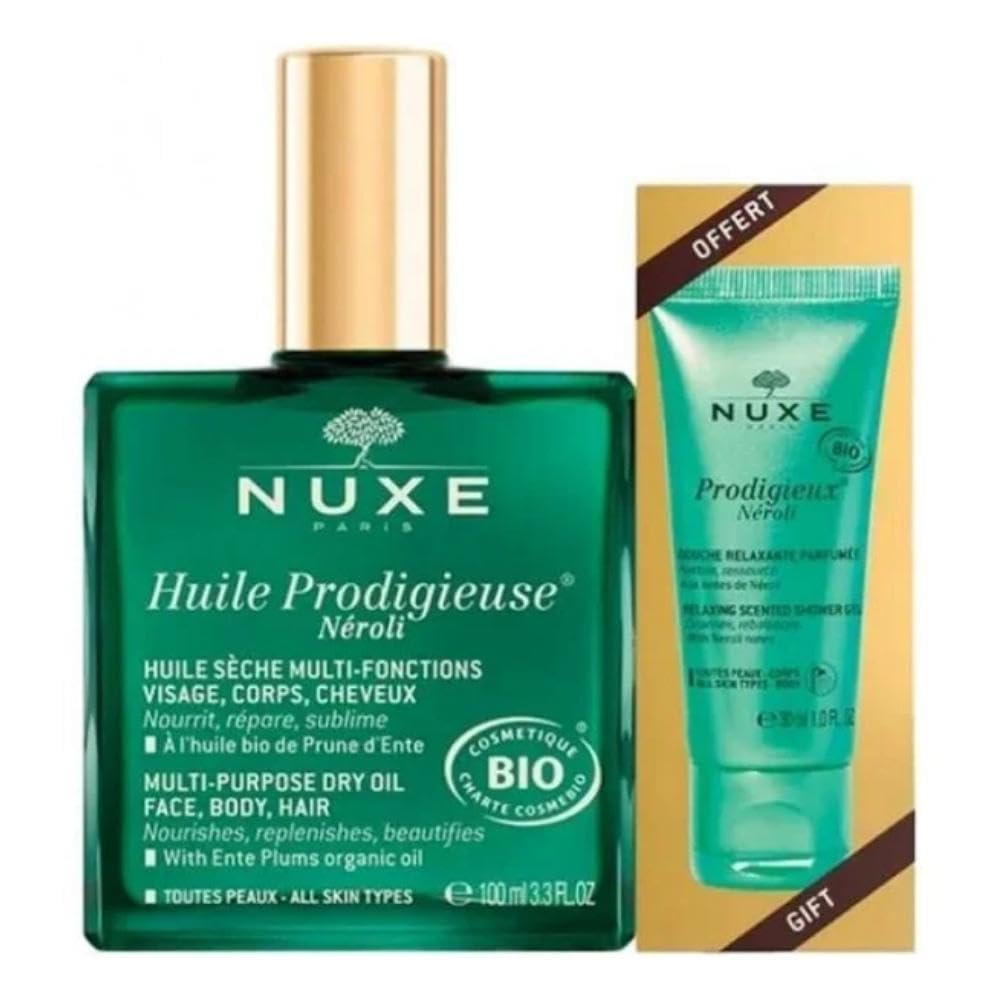 Nuxe Huile Prodigieuse Neroli Gift Set - Multi-Purpose Dry Oil &amp; Shower Gel for Face, Body &amp; Hair - Nourishing Skincare 