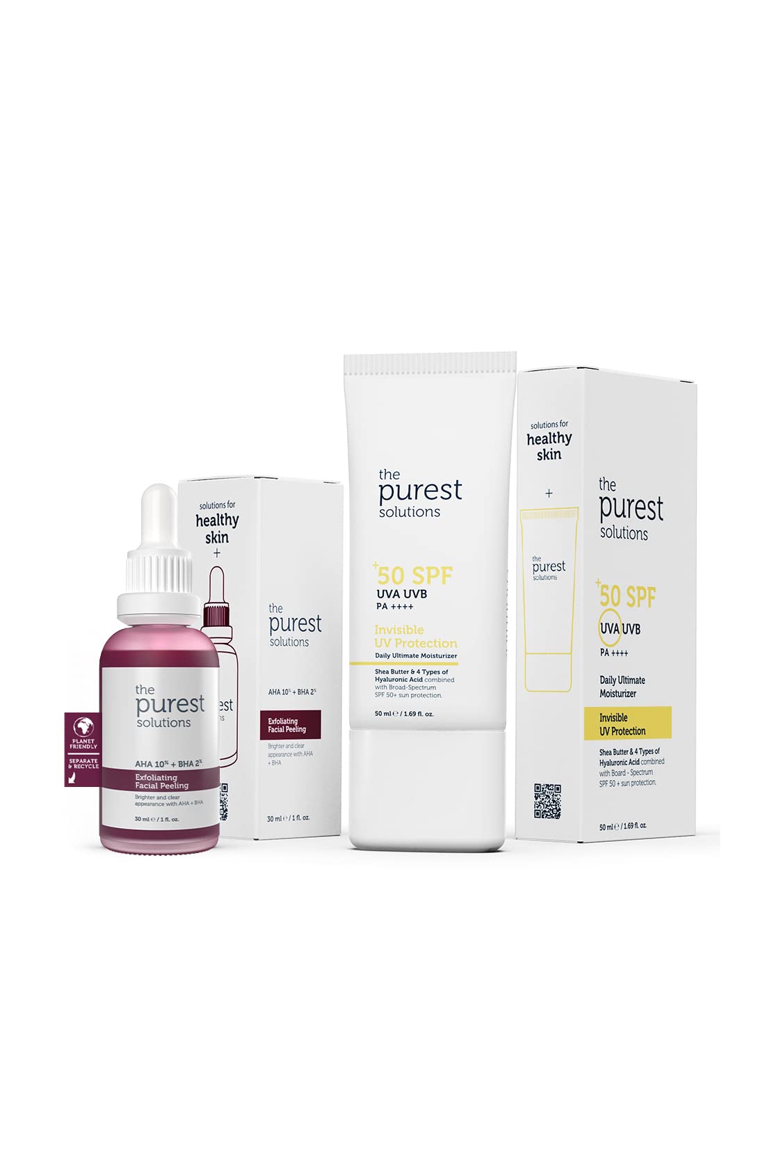 The Purest Solutions Skincare Set - Exfoliating Facial Peeling &amp; UV Protection with SPF 50+