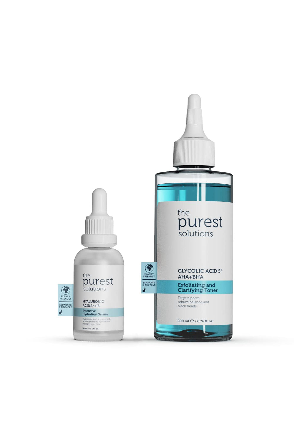 The Purest Solutions Skincare Set - Hydrating Serum & Exfoliating Toner for Dry, Irregular Skin - Hyaluronic Acid & Glyc