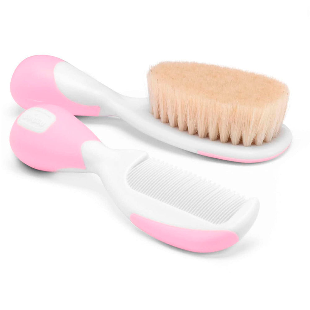 Chicco Baby Hair Brush and Comb Set for Newborns - Gentle Natural Bristle Brush and Safe Round-Tipped Comb for Infant Ha