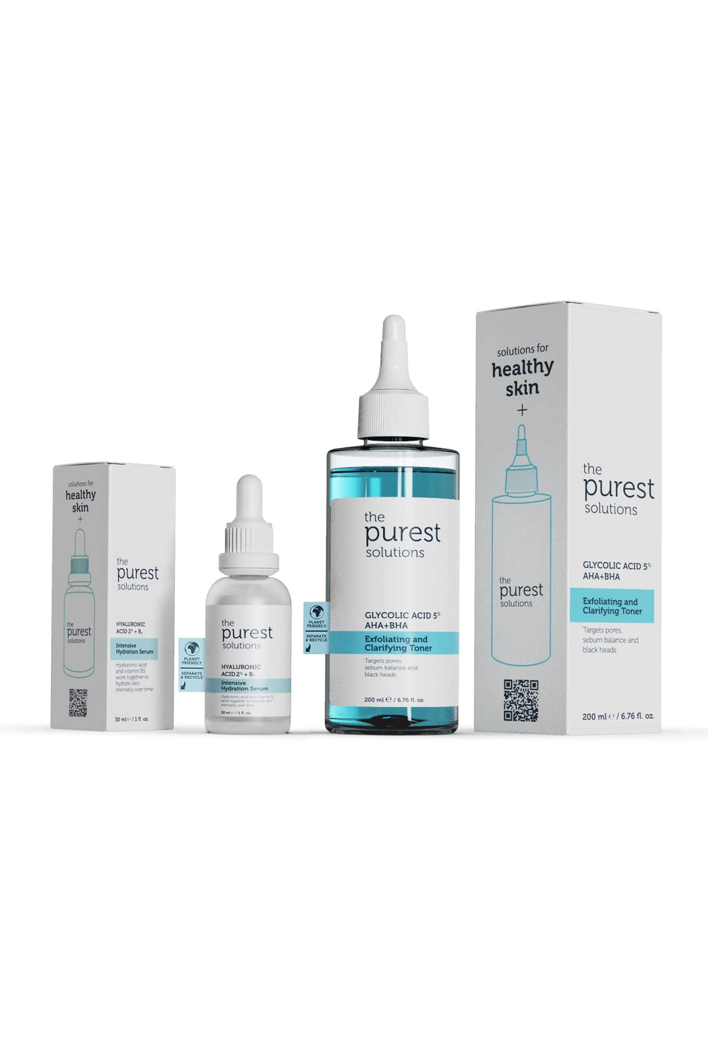 The Purest Solutions Skincare Set - Hydrating Serum & Exfoliating Toner for Dry, Irregular Skin - Hyaluronic Acid & Glyc