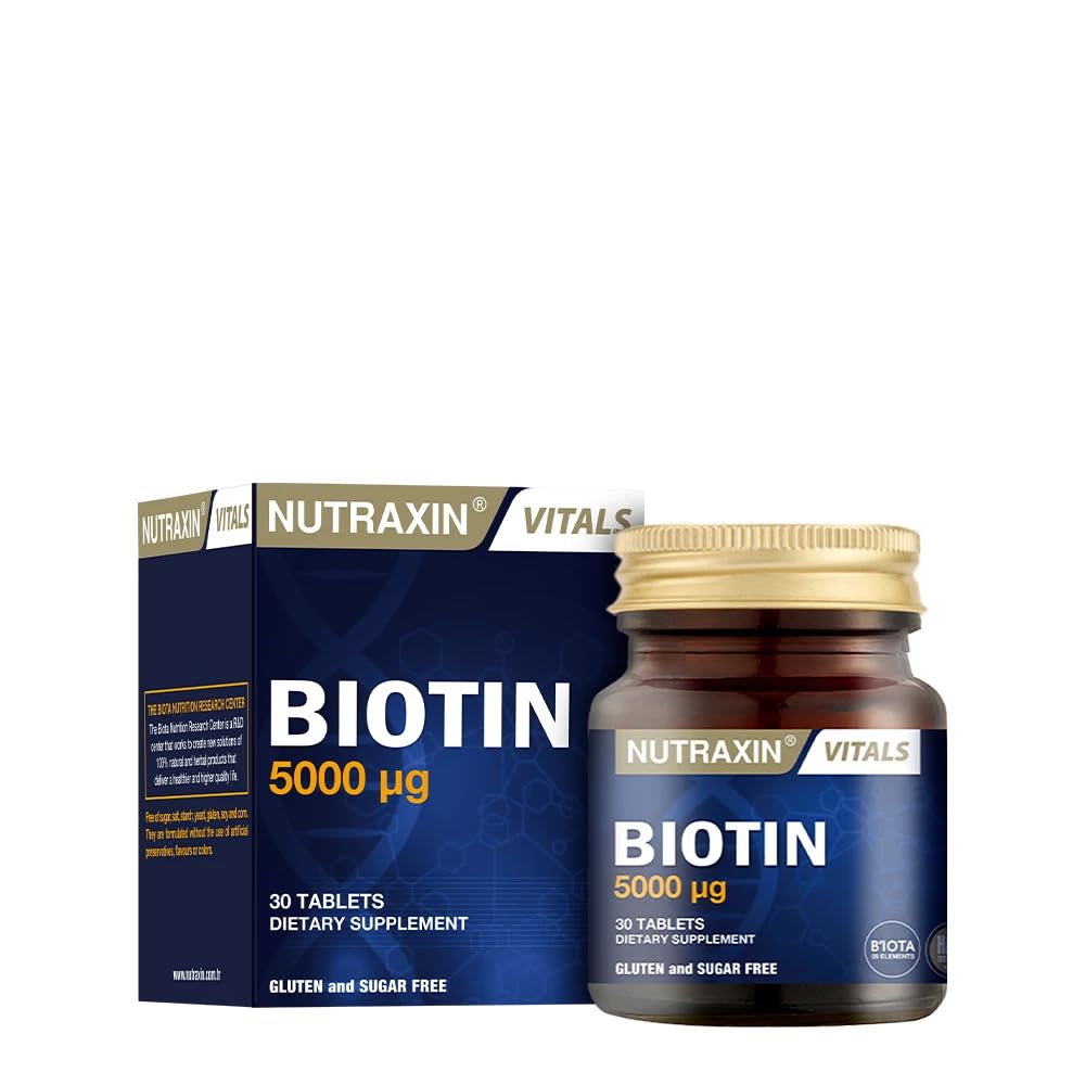 Nutraxin Biotin 5000 mcg Dietary Supplement for Hair, Skin, and Nail Health - 30 Tablets, Vegan &amp; Gluten-Free