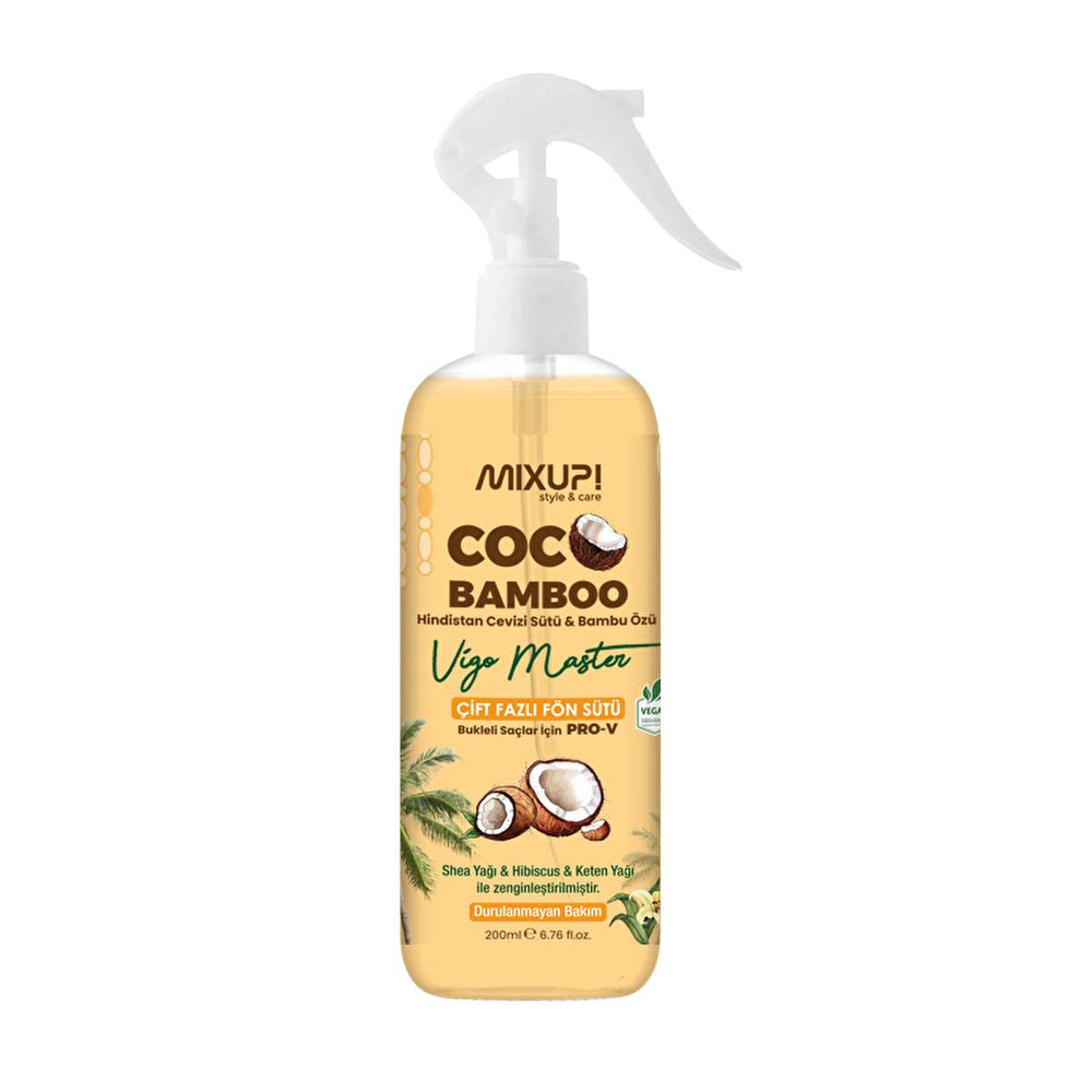 Mixup! CocoBamboo: Curl Defining Milk - Heat Protectant & Anti-Frizz Hair Treatment with Coconut Oil, Bamboo, Shea Butter & Hibiscus (6.76 fl oz) Mixup CocoBamboo: Curl Defining Milk & Heat Protectant hair styling product, curl defining milk, heat protectant spray, coconut oil hair product, bamboo extract hair, anti-frizz hair treatment, shea butter hair milk, hibiscus hair product, curly hair, wavy hair, heat protection, frizz control, breakage prevention, shine, moisture, hair treatment, hair care, split 
