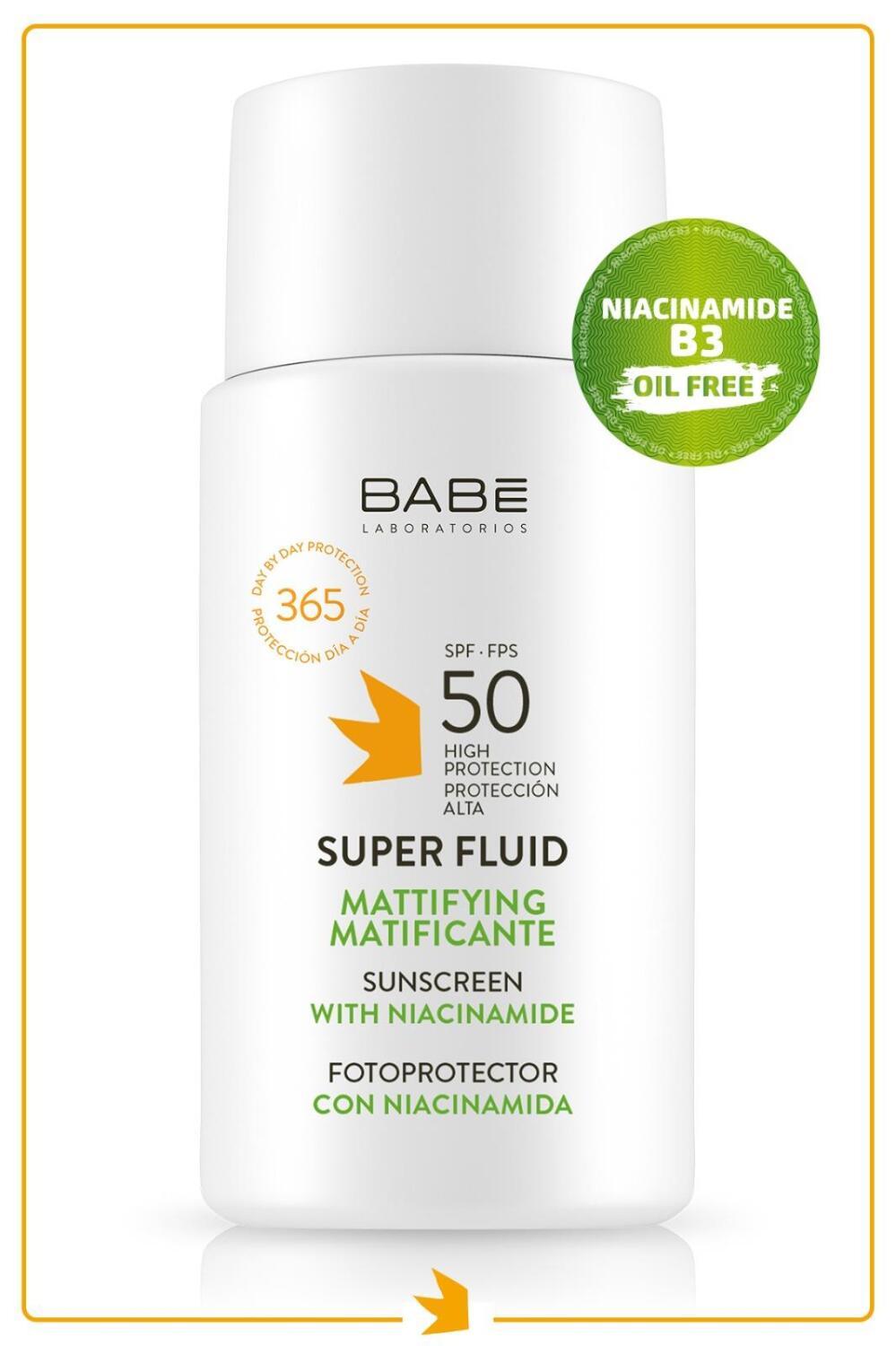 babe super fluid mattifying sunscreen spf 50 bottle, babe sunscreen applied on skin, ingredients of babe super fluid mattifying sunscreen Babe Super Fluid Mattifying Sunscreen - SPF 50 | 50 ml Babe Super Fluid Mattifying Sunscreen SPF 50 babe, sunscreen, spf-50, face-sunscreen, oil-free-sunscreen, water-resistant-sunscreen, sensitive-skin, anti-pollution, niacinamide, ai-generated