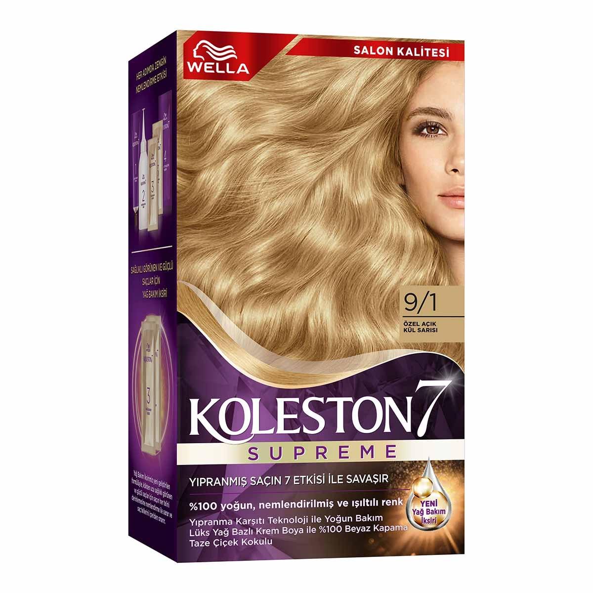 Wella Koleston Supreme 9/1 Light Ash Blonde Hair Dye Kit - Intense Color, Moisture & 100% Gray Coverage for Radiant, Healthy Hair Wella Koleston 9/1 Light Ash Blonde Hair Dye - Radiant Color & Care hair dye, light ash blonde hair dye, Koleston Supreme, hair color kit, permanent hair color, 9/1 hair dye, luxury hair dye, hair coloring, at home hair dye, ash blonde hair color, hair, hair color, ash blonde, light blonde, gray coverage, hair conditioning, hair repair, Plex technology, Lüks Krem Boya, Yağ Bakım 