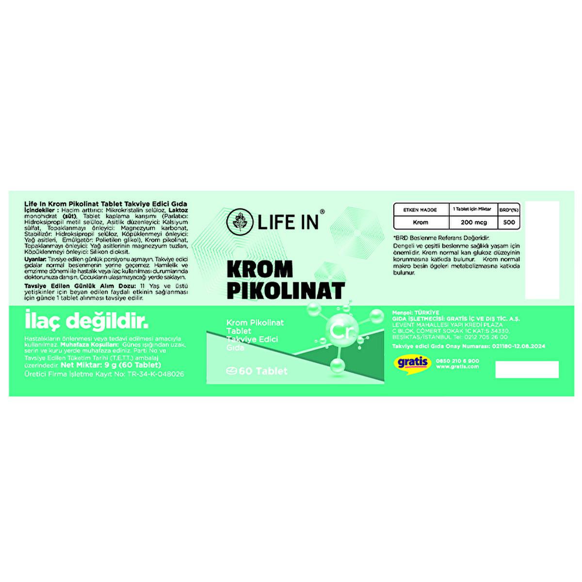 Life In Krom Pikolinat Chromium Picolinate Supplement for Macro Nutrient Metabolism - 60 Tablets Life In Krom Pikolinat - Chromium Picolinate Supplement Chromium Picolinate supplement, Dietary supplement for macro nutrient metabolism, Krom Pikolinat 60 Tablet, Life In Krom Pikolinat, Nutritional supplement for adults and children over 11, dietary supplement, nutritional supplement, health supplement, chromium picolinate, macro nutrient metabolism, family supplementation, health and wellness
