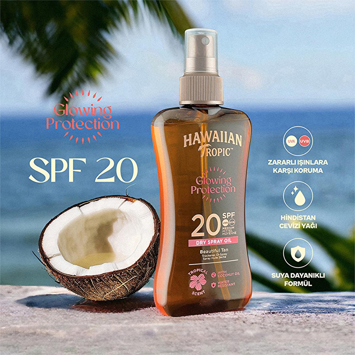 Hawaiian Tropic Glowing Protection SPF20 Sunscreen Oil: Tan & Moisturize with UVA/UVB Protection Hawaiian Tropic SPF20 Sunscreen Oil: Tan & Protect sunscreen oil, SPF20 sunscreen, Hawaiian Tropic sunscreen, vegan sunscreen, bronzing sunscreen oil, water resistant sunscreen, sun protection oil, UVA UVB protection sunscreen, sun protection, tanning oil, tanning, coconut oil, aloe vera, tropical flower extracts, moisturizing sunscreen, non-greasy sunscreen, water resistant, vegan, recycled packaging, eco-frien