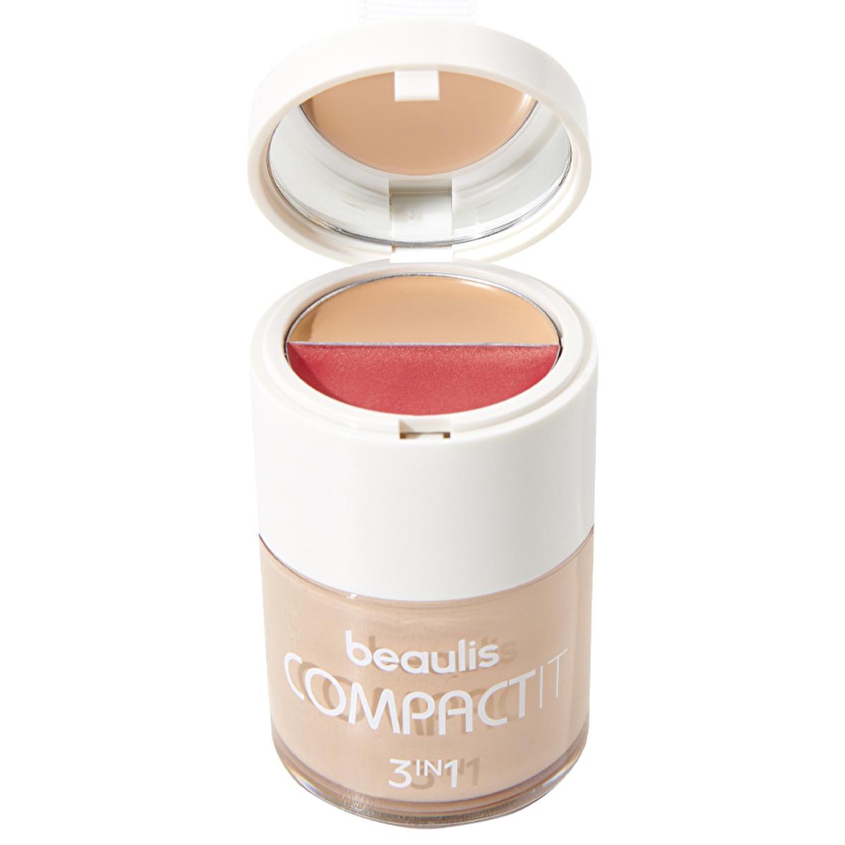 beaulis compact it foundation blush concealer product image, beauitful makeup with beaulis 3-in-1 compact Beaulis Compact It Fondöten & Allık & Kapatıcı - 108 Sand Sensation Beaulis Compact It Foundation - 3-in-1 Makeup beaulis, compact-foundation, 3-in-1-makeup, blush, concealer, natural-look, makeup-essentials, ai-generated, 108-sand-sensation, versatile-makeup