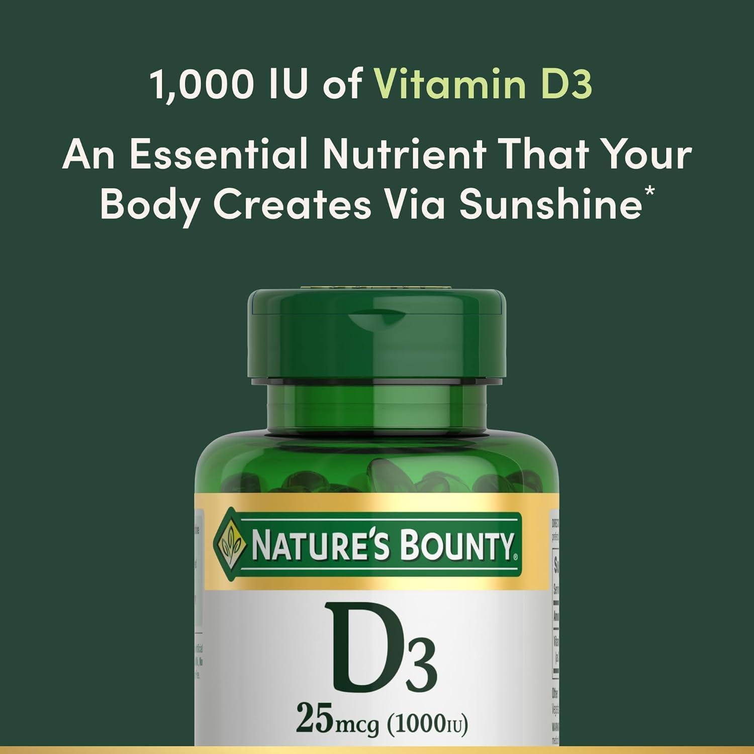 Nature's Bounty Vitamin D3 1000 IU Supplement - 100 Softgels, Gluten-Free, Supports Bone Health &amp; Immune Function