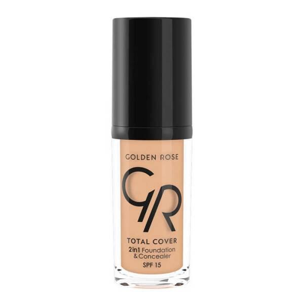 golden rose total cover foundation bottle, two in one foundation and concealer Golden Rose Total Cover 12 Light Beige 2 in 1 Foundation | 30ml Golden Rose Total Cover Foundation - Light Beige | 30ml golden-rose, foundation, concealer, makeup, light-beige, spf15, high-coverage, vitamin-e, ai-generated, beauty