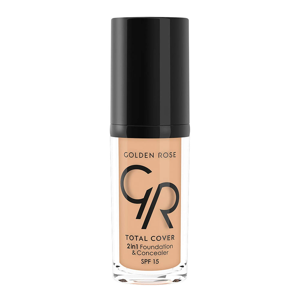 Golden Rose Total Cover 12 Light Beige 2 in 1 Foundation and Concealer - High Coverage, Lightweight Makeup with SPF 15