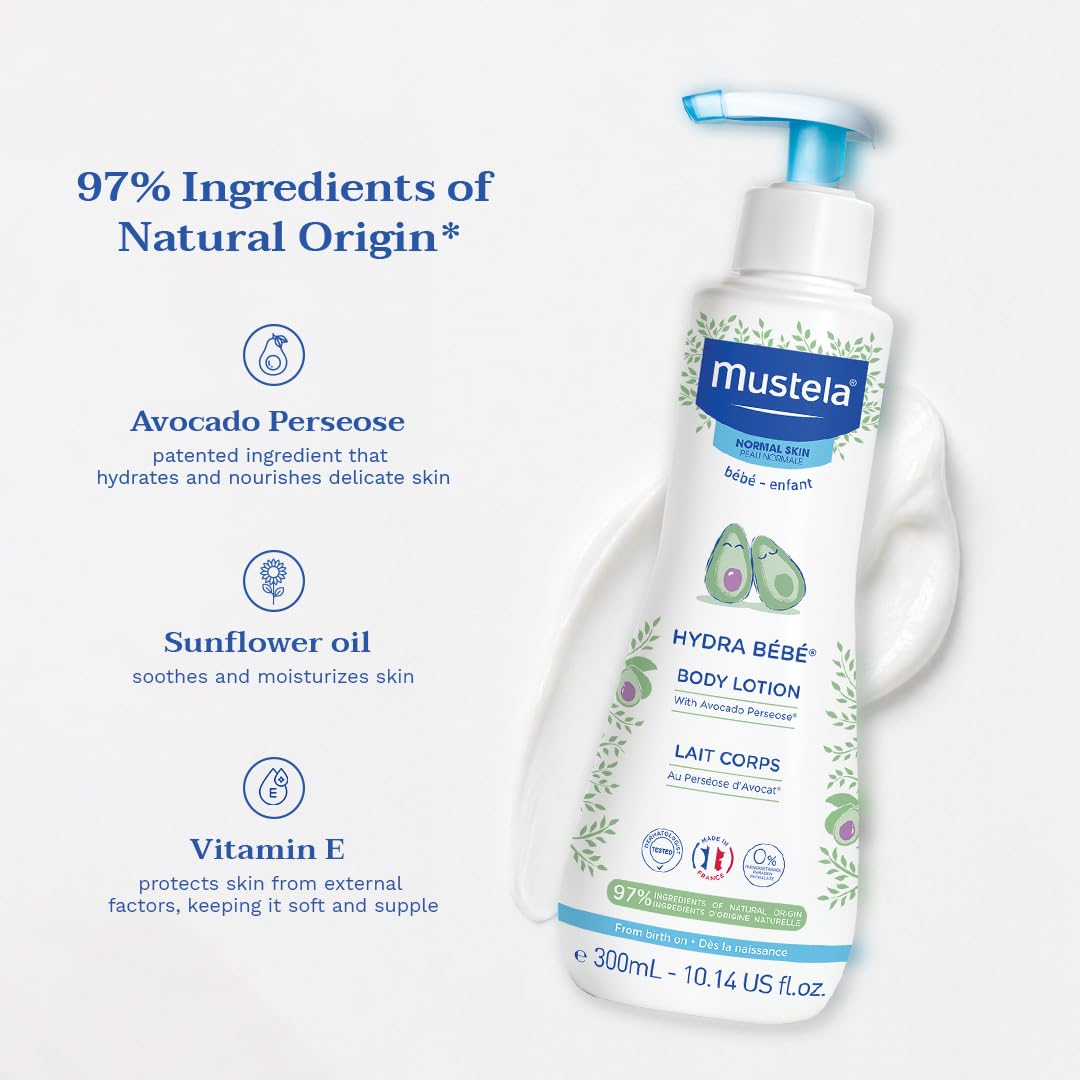 Mustela Hydra Bebe Baby Body Lotion - 300ml, Natural Ingredients for Moisturizing &amp; Nourishing Infant Skin
