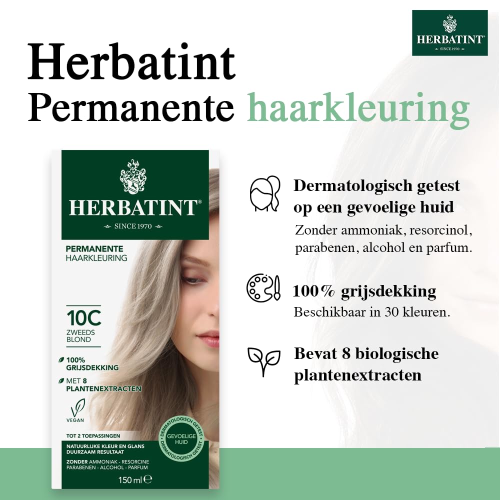 Herbatint Natural Hair Dye - Swedish Blonde 10C, Amonyak-Free, Nourishing Hair Color with Aloe Vera & Witch Hazel