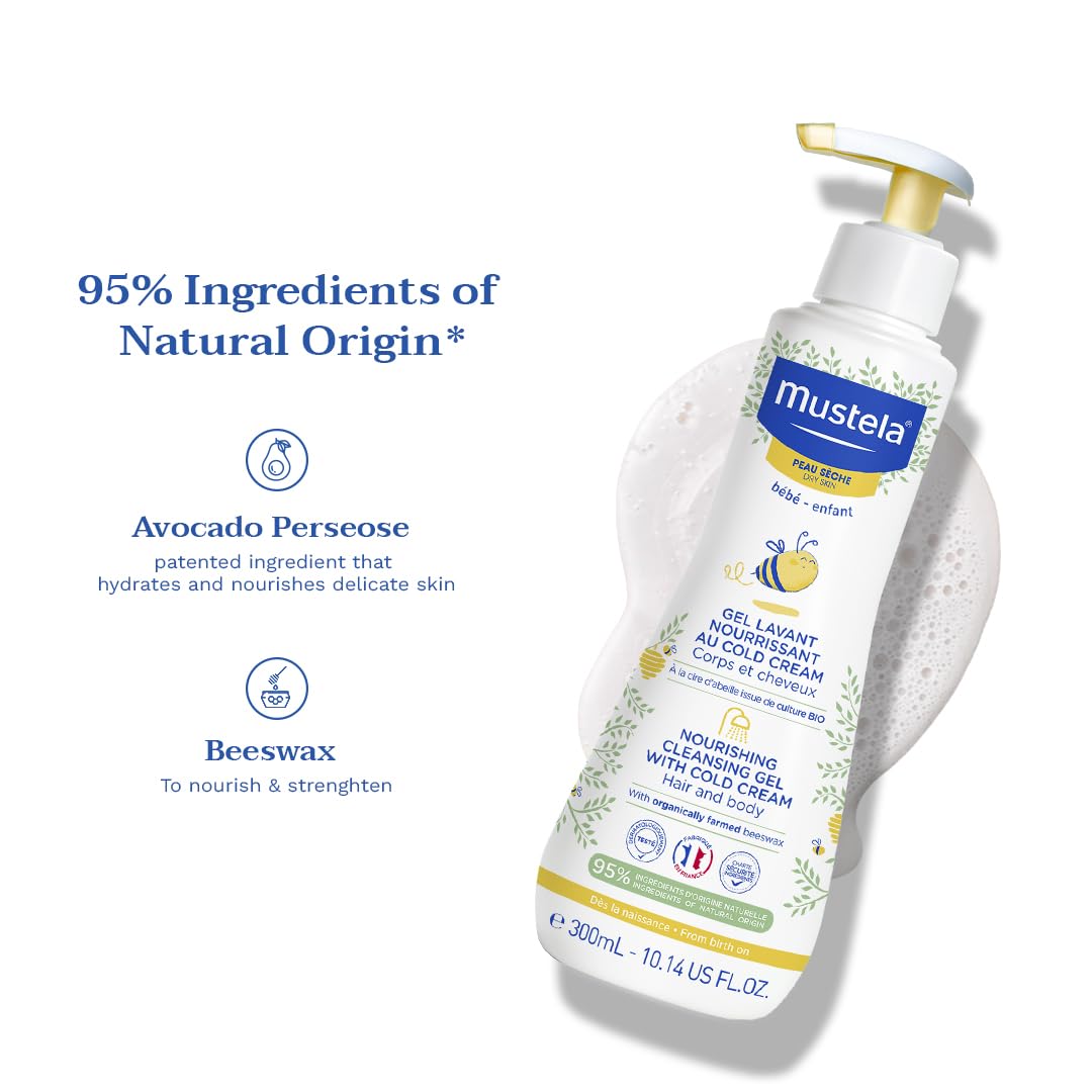 Mustela Nourishing Cleansing Gel with Cold Cream for Newborns &amp; Dry Skin - Gentle, Natural Baby Care