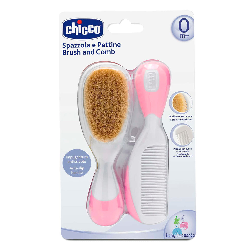 Chicco Baby Hair Brush and Comb Set for Newborns - Gentle Natural Bristle Brush and Safe Round-Tipped Comb for Infant Ha