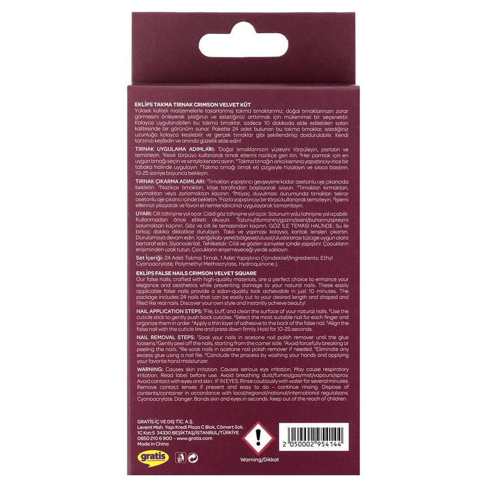 Eklips Crimson Velvet Square False Nails 24-Pack