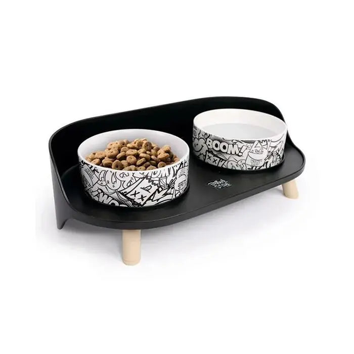M-Pets Altitude Urban Style Double Dog Bowl Set Black & White
