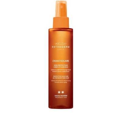 institut esthederm sun oil bottle, in-use application of sun oil, close up of sun oil texture Institut Esthederm Sun Oil - Moderate Sun Protection | 150 ml Institut Esthederm Sun Oil - Moderate Sun Protection institut-esthederm, sun-oil, sun-protection, moisturizing-oil, dry-skin, bronzing-oil, outdoor-activities, skincare, ai-generated, sunbathers