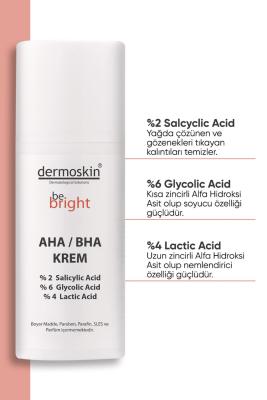 dermoskin be bright aha bha cream 33ml front view, dermoskin be bright packaging and texture Dermoskin Be Bright AHA/BHA Cream - Brightening & Smoothing | 33 ml Dermoskin Be Bright AHA/BHA Cream 33 ml - Brightening & Smoothing dermoskin, aha-bha-cream, skincare, brightening, anti-aging, uneven-skin-tone, exfoliation, youthful-skin, hydrating-cream, ai-generated