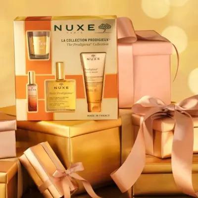 nuxe prodigieux beauty set 2024, nuxe perfume 50ml, nuxe dry oil 100ml, nuxe shower oil 100ml, nuxe candle Nuxe Prodigieux Beauty Set 2024 | Essential Skincare Nuxe Beauty Set 2024 - Essential Self-Care Products nuxe, beauty-set, women-skincare, self-care, fragrance, multi-purpose-oil, shower-oil, luxury, gift-set, ai-generated