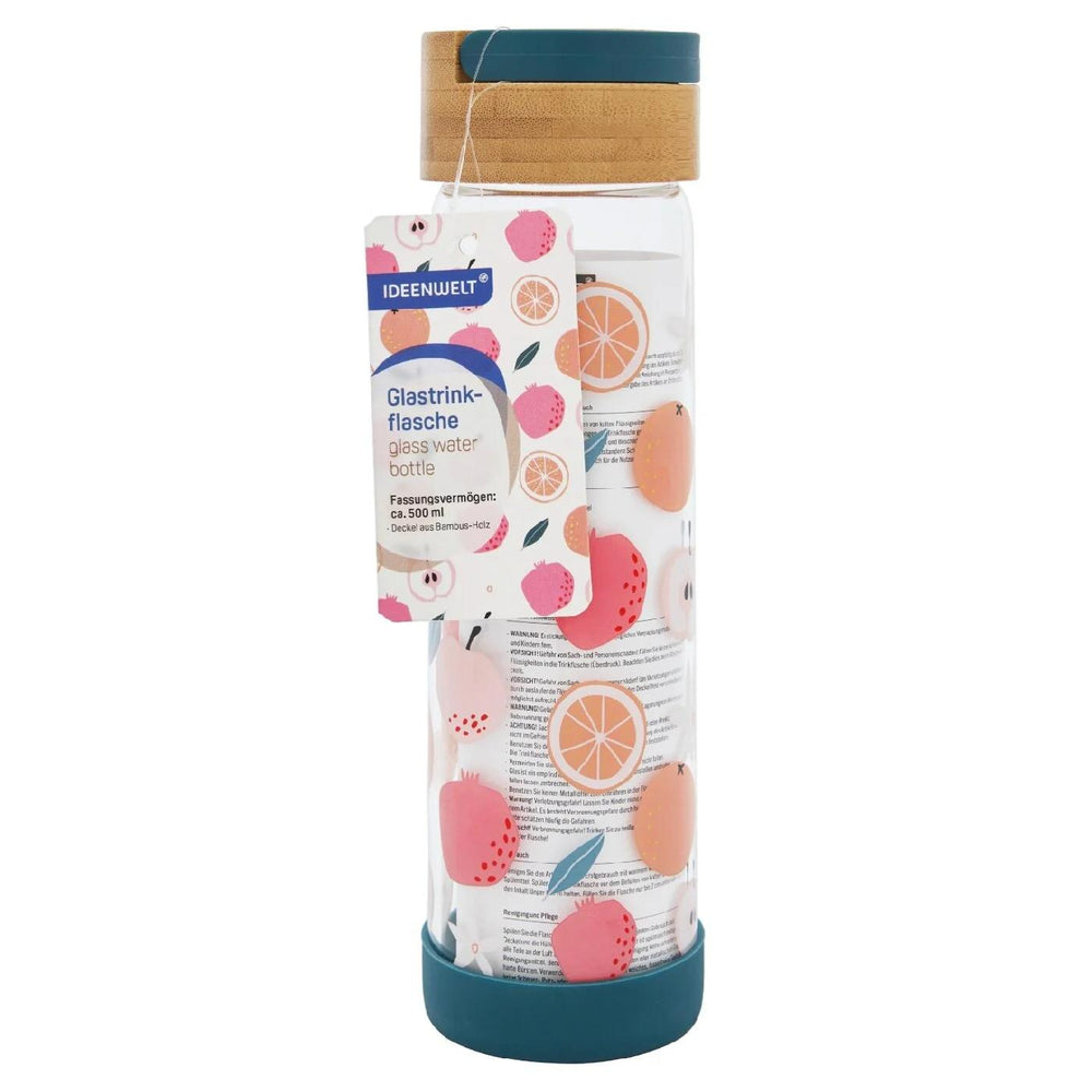 Ideenwelt Fruit Print Glass Water Bottle with Bamboo Lid 500 ml