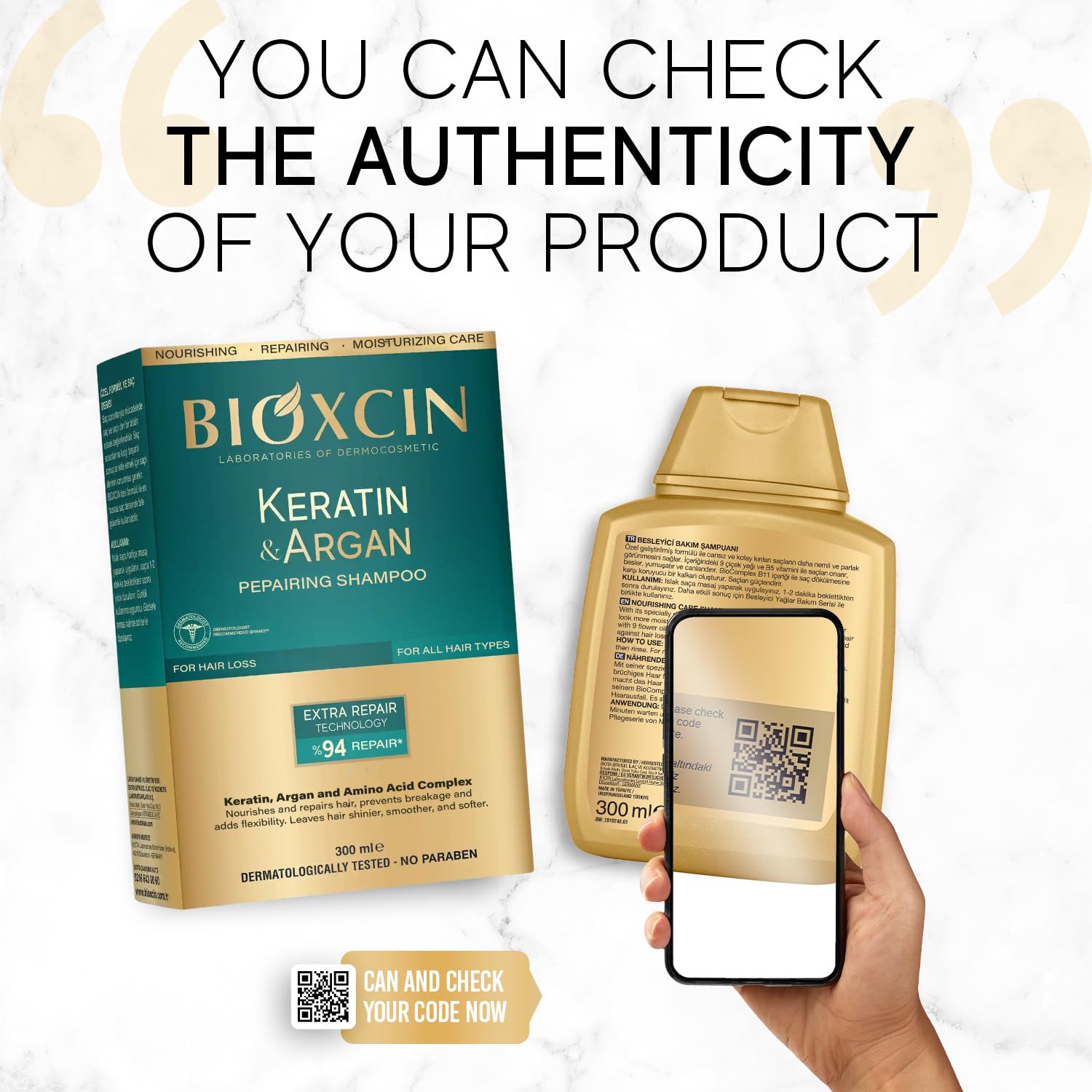 Bioxcin Keratin &amp; Argan Repair Shampoo - Nourishes &amp; Repairs Damaged Hair, 300ml