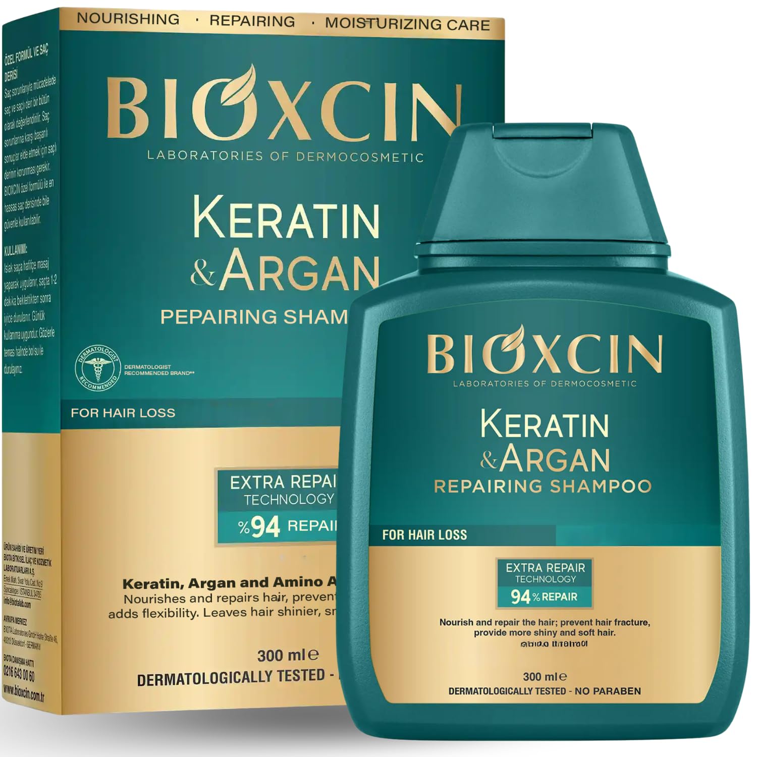 Bioxcin Keratin &amp; Argan Repair Shampoo - Nourishes &amp; Repairs Damaged Hair, 300ml