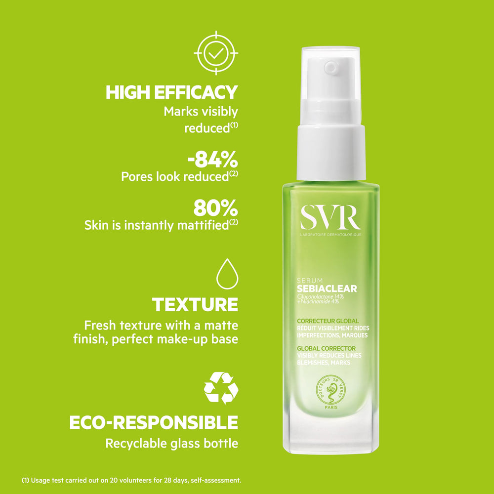 SVR Sebiaclear Serum 30ml - Non-Comedogenic Skincare for Oily Skin, Hypoallergenic Serum with Gluconolactone & Salicylic