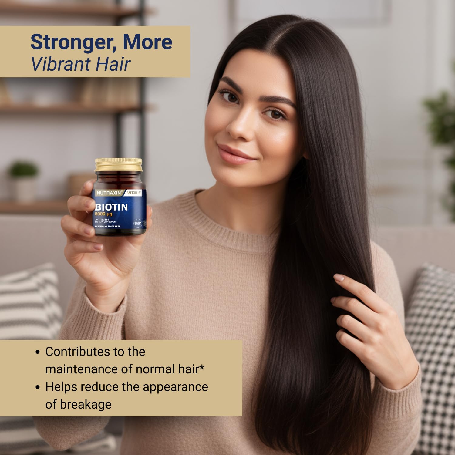 Nutraxin Biotin 5000 mcg Dietary Supplement for Hair, Skin, and Nail Health - 30 Tablets, Vegan &amp; Gluten-Free