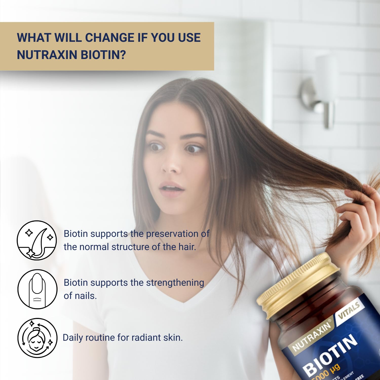 Nutraxin Biotin 5000mcg Supplement - 30 Tablets for Hair, Nail &amp; Skin Health