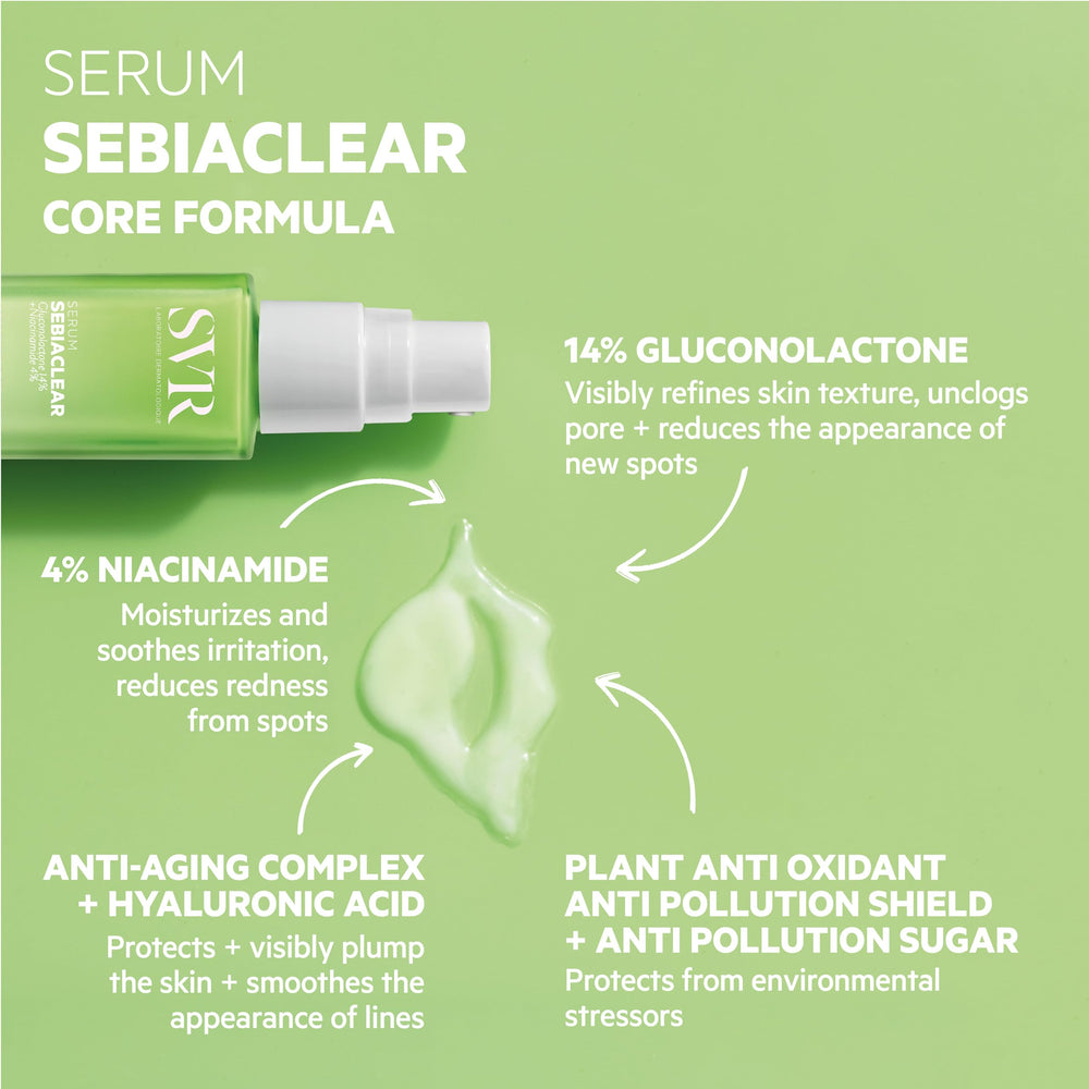 SVR Sebiaclear Serum 30ml - Non-Comedogenic Skincare for Oily Skin, Hypoallergenic Serum with Gluconolactone & Salicylic