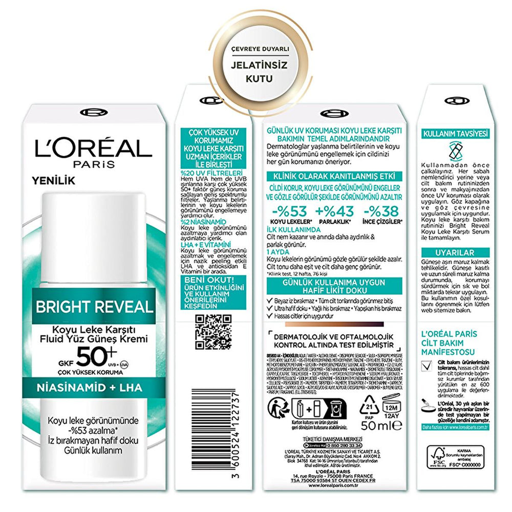 L'Oreal Paris Bright Reveal SPF 50+ Anti-Dark Spot Face Sunscreen - Lightweight, Non-Greasy Daily UV Protection for Sensitive Skin L'Oreal Paris Bright Reveal SPF 50+ Face Sunscreen Face Sunscreen, SPF 50+, Anti-dark spot, Daily UV protection, Lightweight sunscreen, Sunscreen for sensitive skin, L'Oreal Paris, Bright Reveal, Anti-aging, Dermatologist recommended, Non-greasy, Broad-spectrum protection, Niacinamide, LHA, Vitamin E, Daily skincare, Sensitive skin care