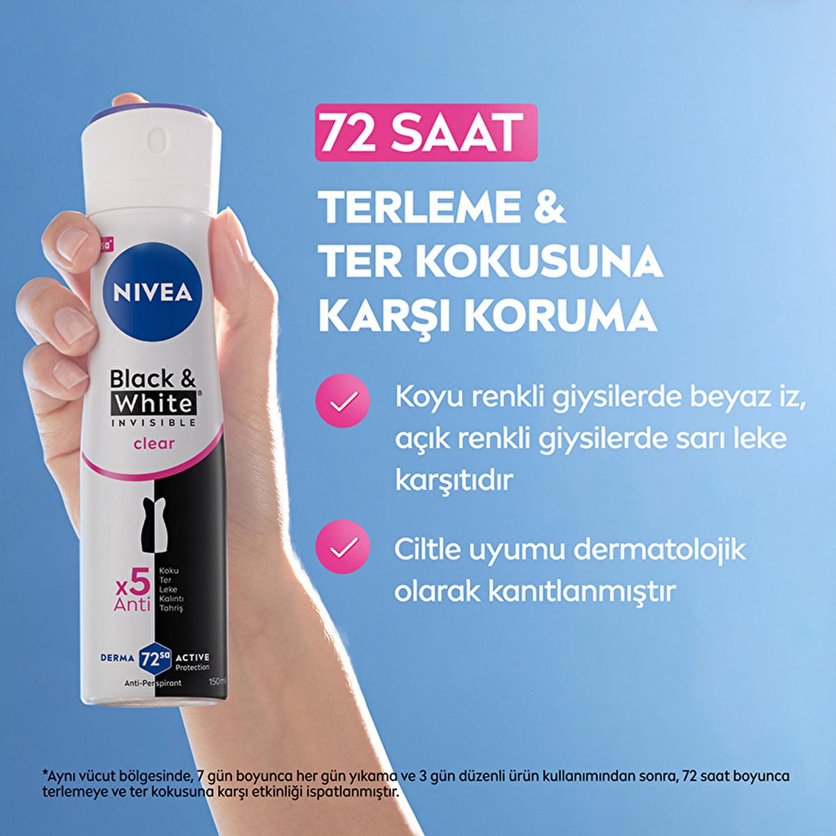 Nivea Women's Deodorant Spray Black & White Clear - 72 Hour Anti-Perspirant Protection, Dermatologically Tested, No White Marks or Yellow Stains Nivea Black & White Clear Deodorant - 72hr Protection women's deodorant spray,Nivea Black & White Clear,anti-perspirant deodorant,72-hour protection,dermatologically tested deodorant,women's personal care,freshness,confidence,active lifestyle,sensitive skin,ethanol-free,deodorant for women,long-lasting protection,anti-sweat,deodorant spray,personal hygiene,cosmetic