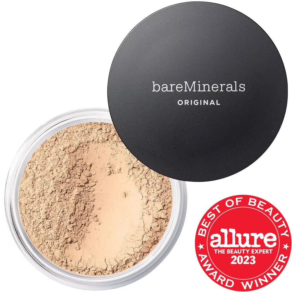 bareMinerals Original Talc-Free Loose Powder Mineral Foundation SPF 15: Buildable Coverage, Natural Finish, Vegan & Cruelty-Free Formula bareMinerals SPF 15 Mineral Foundation: Talc-Free, Buildable mineral foundation, talc free foundation, loose powder foundation, SPF 15 foundation, vegan mineral foundation, cruelty free foundation, natural finish foundation, sensitive skin foundation, clean beauty foundation, buildable coverage foundation, bareMinerals, foundation, makeup, face makeup, mineral makeup, talc
