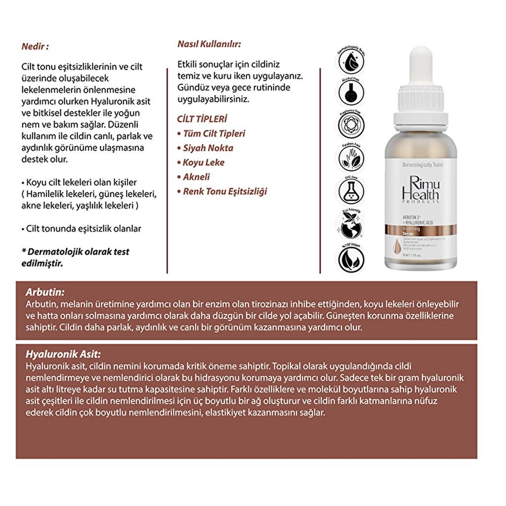 Rimu Health Arbutin 2% & Hyaluronic Acid Serum for Dark Spots 30 ml