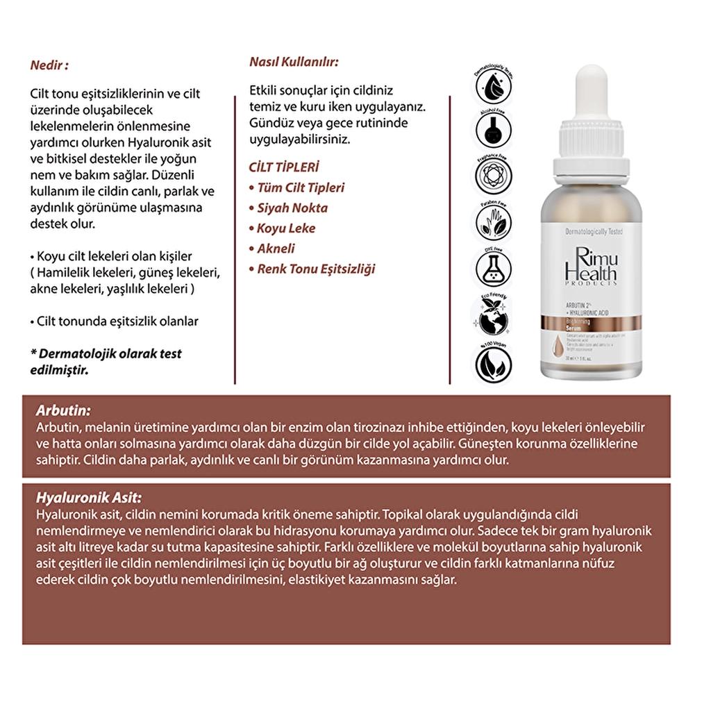 Rimu Health Arbutin 2% &amp; Hyaluronic Acid Serum for Dark Spots 30 ml