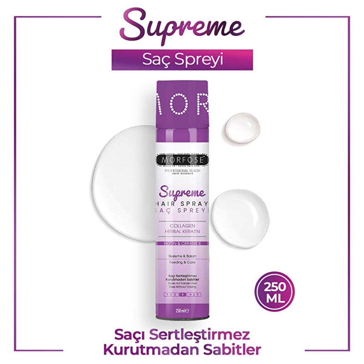 Morfose Supreme Hair Spray 250ml - Strong Hold Styling with Ceramide, Biotin & Keratin Morfose Supreme Hair Spray - Strong Hold with Ceramide & Biotin Hair Spray, Strong Hold Styling Product, Nourishing Hair Care, Ceramide Hair Spray, Biotin Hair Spray, Keratin Hair Spray, Hair Styling, Hair Care, Morfose, Supreme Hair Spray, 250ml, Styling Products, Hair Products, Ceramide, Biotin, Keratin, Healthy Hair, Hair Vitality, Shine, Quick Styling, No Residue, All Hair Types