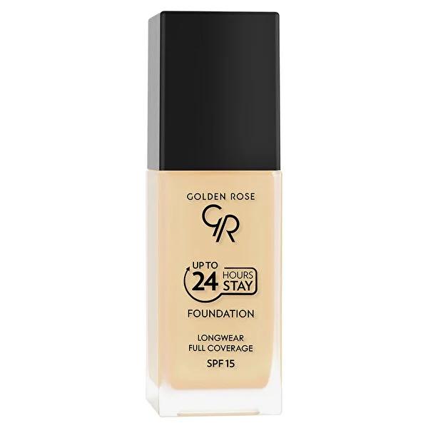 Golden Rose 24 Hours Stay Foundation Makeup - Long-Lasting, High Coverage, SPF 15 - Waterproof & Moisturizing Golden Rose Long-Lasting Foundation - 24 Hour Stay, SPF 15 long-lasting foundation, high coverage foundation, waterproof makeup, SPF 15 foundation, Vitamin E foundation, Avocado Oil foundation, foundation makeup, makeup, cosmetics, beauty products, skincare, moisturizing foundation, semi-matte finish, 24-hour staying power, busy professionals, active individuals, special occasions