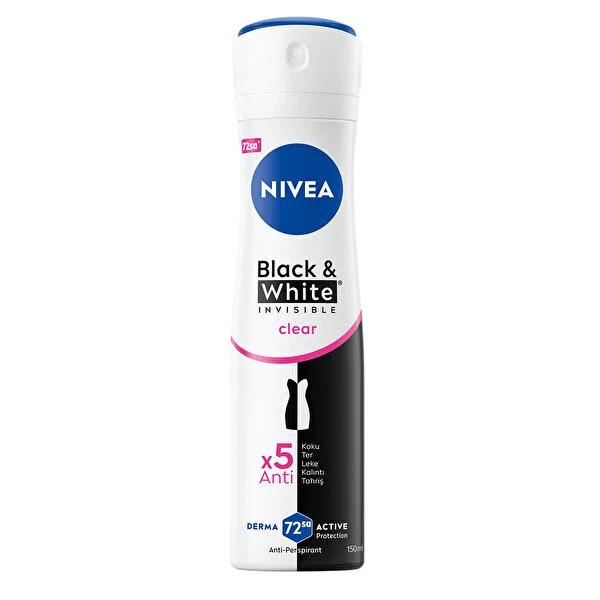 Nivea Women's Deodorant Spray Black&White Clear - 72 Hour Anti-Perspirant Protection, Long-Lasting Freshness for Sensitive Skin Nivea Deodorant Spray - 72 Hour Protection Nivea Women's Deodorant Spray, Anti-perspirant deodorant for women, Long-lasting deodorant protection, Deodorant for sensitive skin, Sweat and stain protection, Women's personal care, Deodorant spray, Black&White Clear Deodorant, 72 hour protection, Derma Active Protection, X5 Anti Formula, Ethyl alcohol free, Dermatologically tested