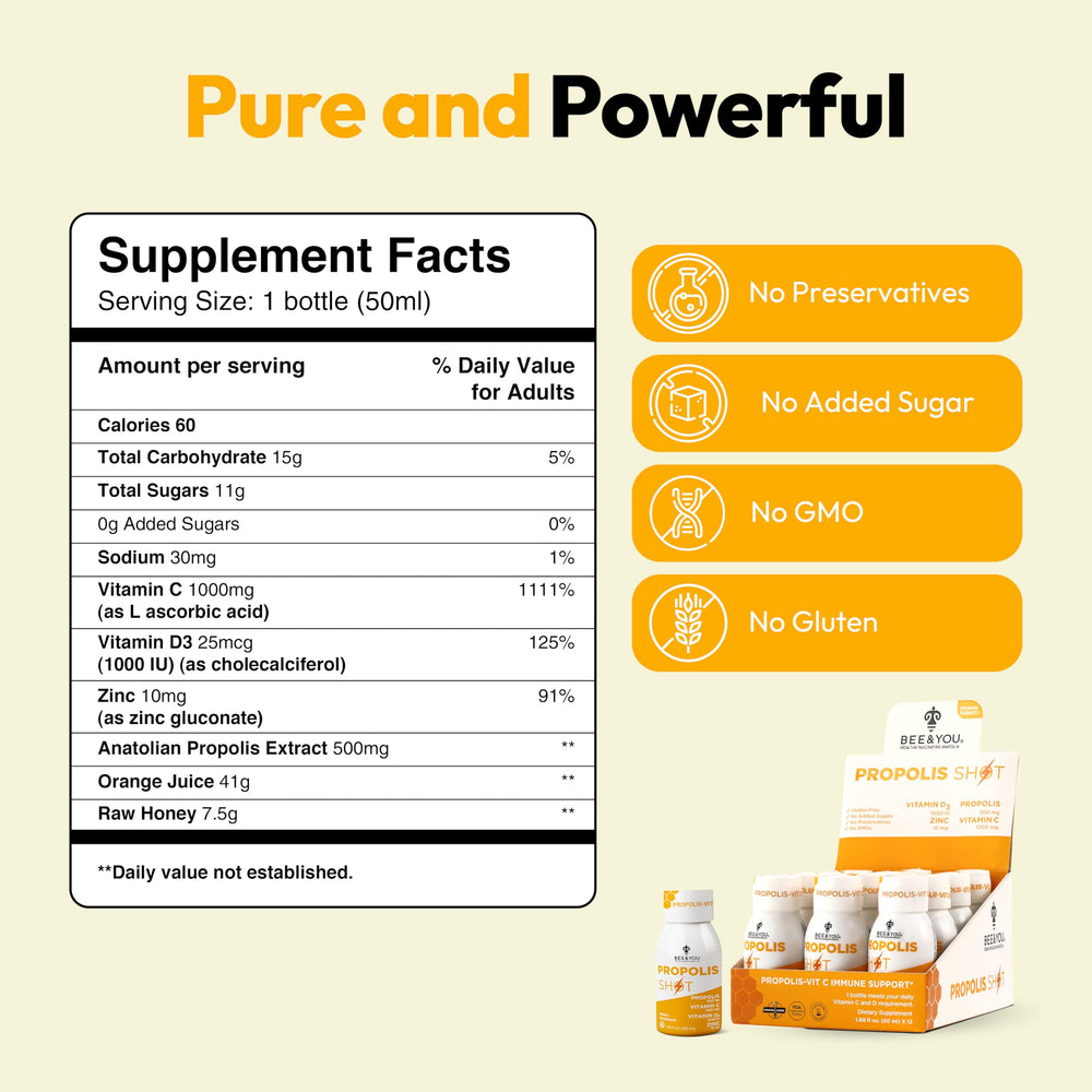 BEE & YOU Propolis D3 + Zinc C Vitamin Shots - 50 ml x 12 Pack