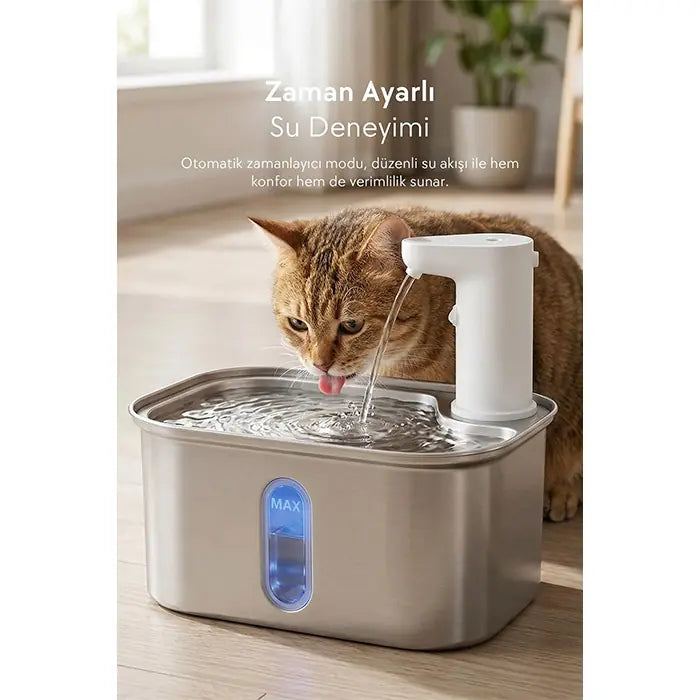 Zampa Square Battery Stainless Steel Automatic Water Fountain 2.8L