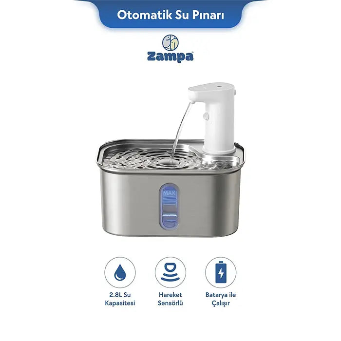 Zampa Square Battery Stainless Steel Automatic Water Fountain 2.8L