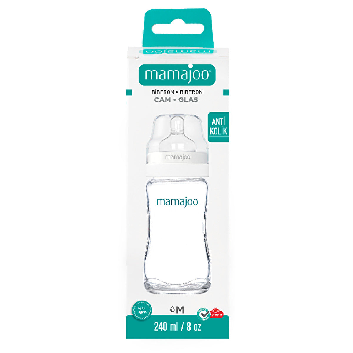 Mamajoo Glass Baby Bottle 240ml - Anti-Colic Nipple No.2 | BPA Free