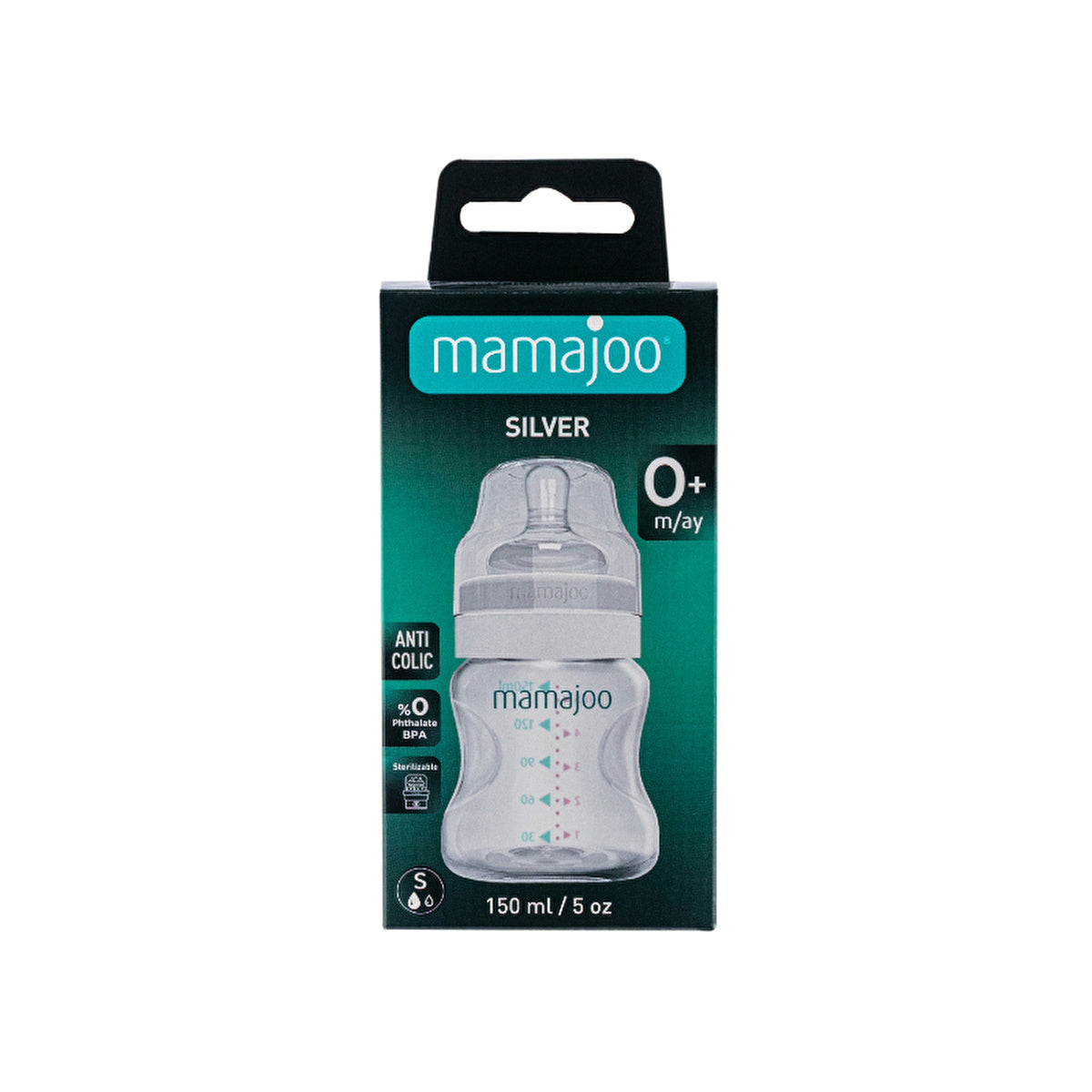 Mamajoo Silver Baby Bottle 150ml - Anti-Colic Nipple Size 1 | BPA-Free